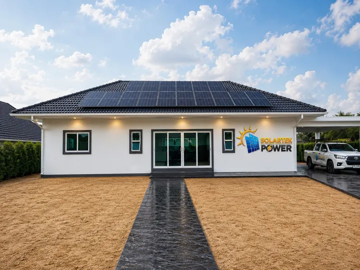 Villa mit Solaranlage und Firmenfahrzeug von Solartek Power