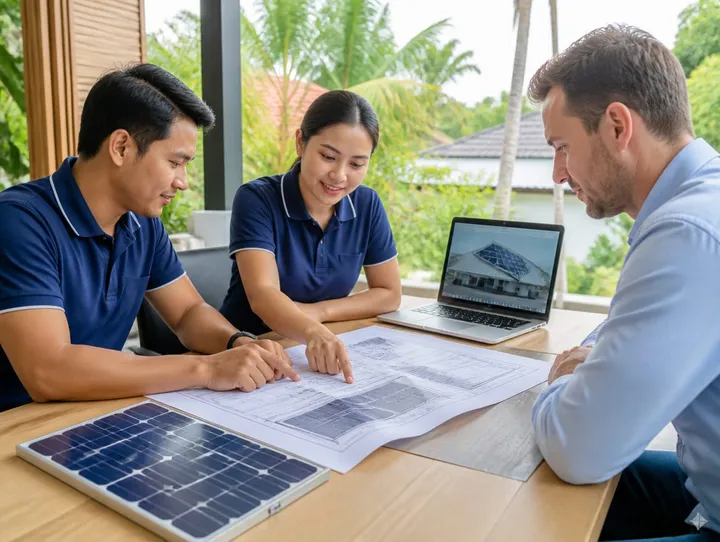Solar in Hua Hin – zwei Fachleute besprechen die Anlagenplanung mit einem Kunden am Tisch mit Bauplänen